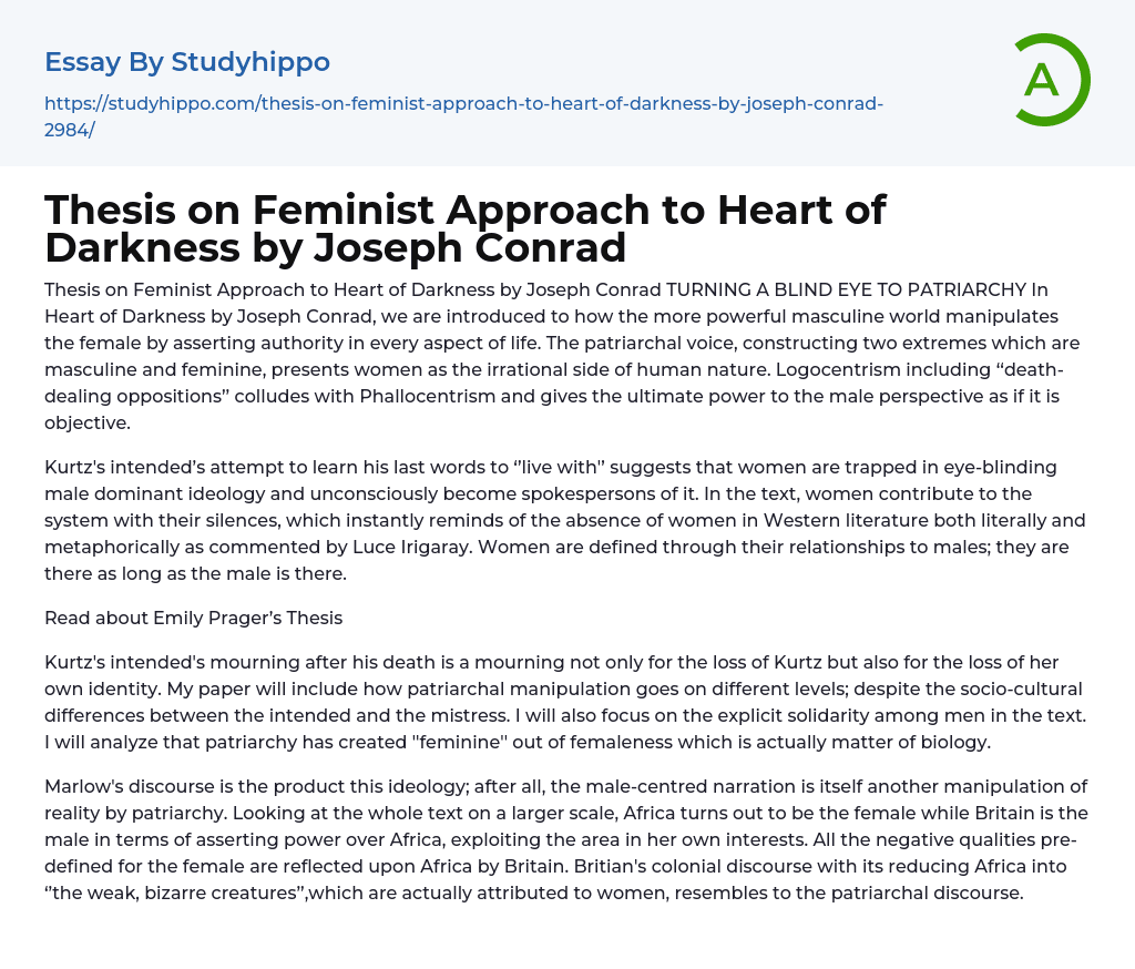 Thesis on Feminist Approach to Heart of Darkness by Joseph Conrad Essay Example