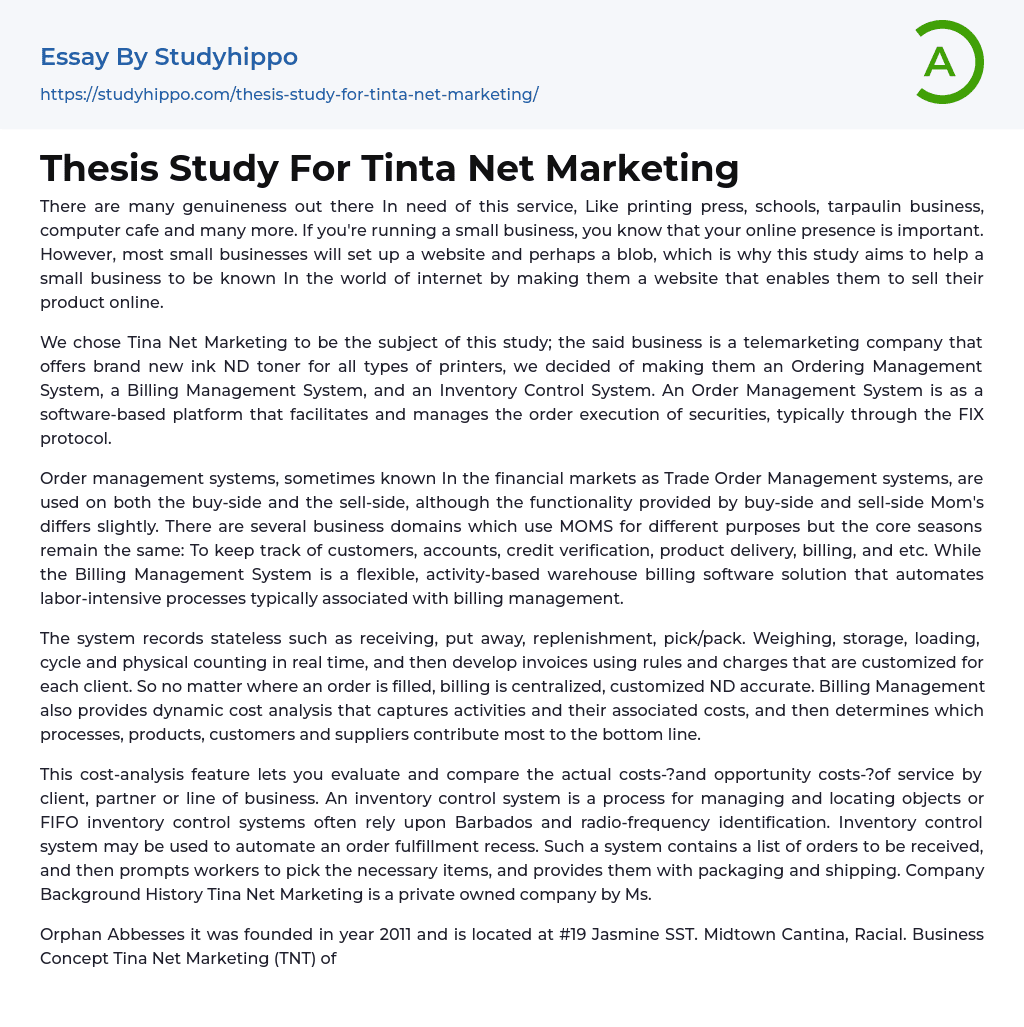 Thesis Study For Tinta Net Marketing Essay Example