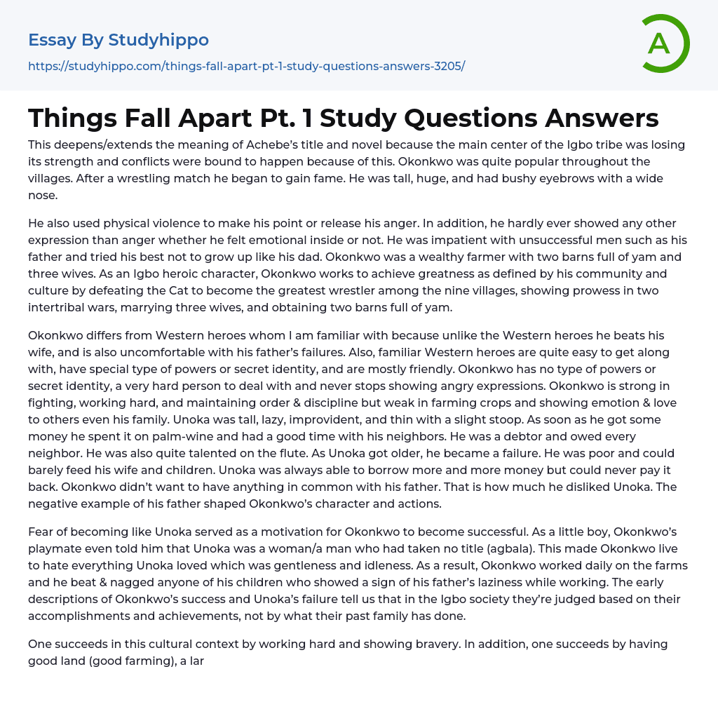 Things Fall Apart Pt. 1 Study Questions Answers Essay Example