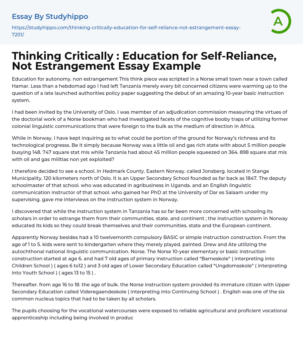 Thinking Critically : Education for Self-Reliance, Not Estrangement Essay Example