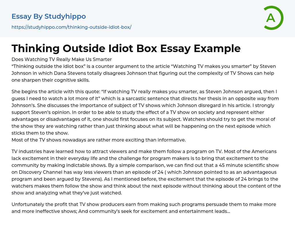 Thinking Outside Idiot Box Essay Example