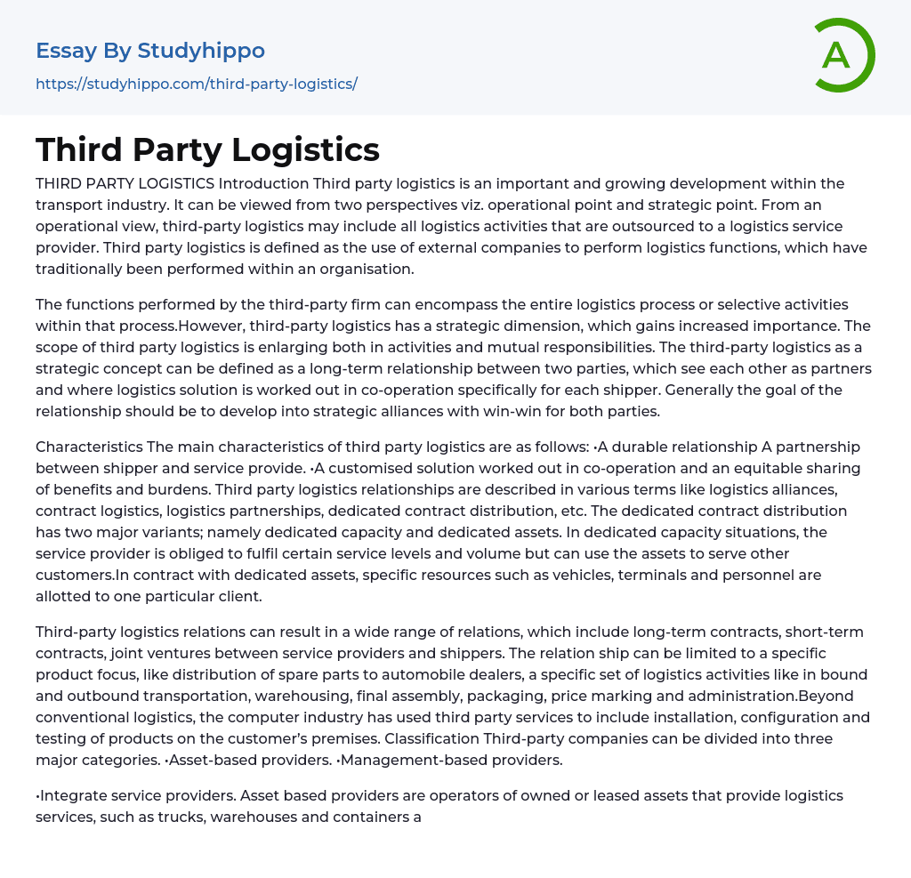 Third Party Logistics Essay Example