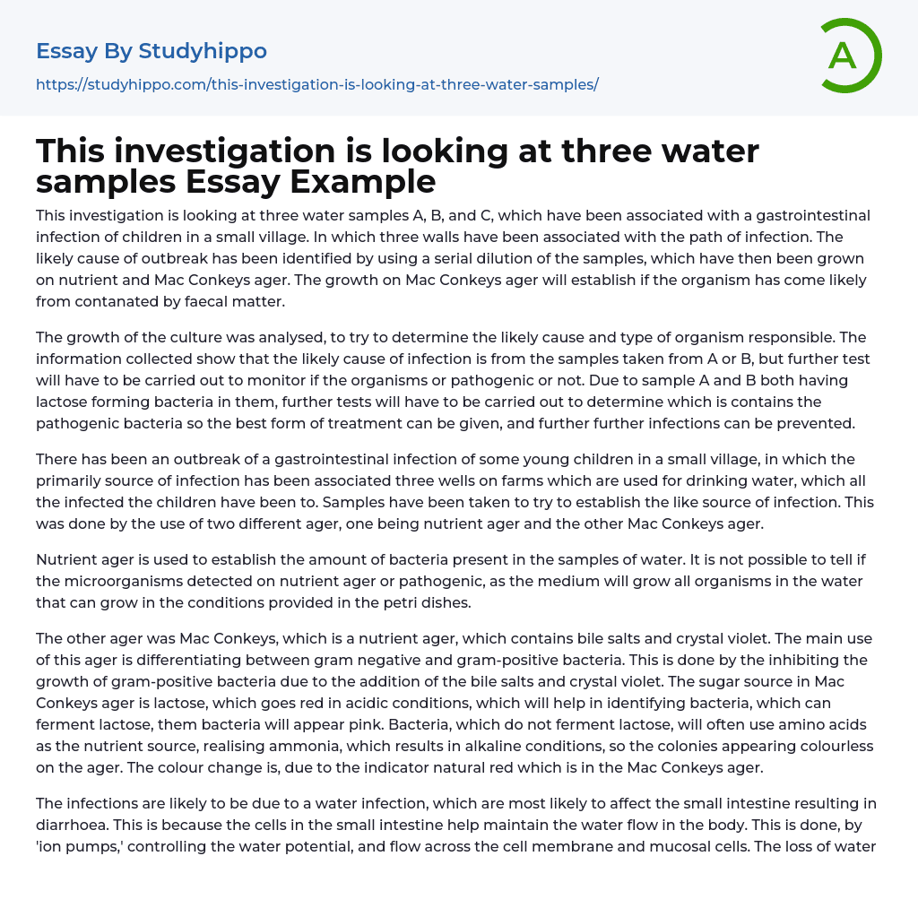This investigation is looking at three water samples Essay Example
