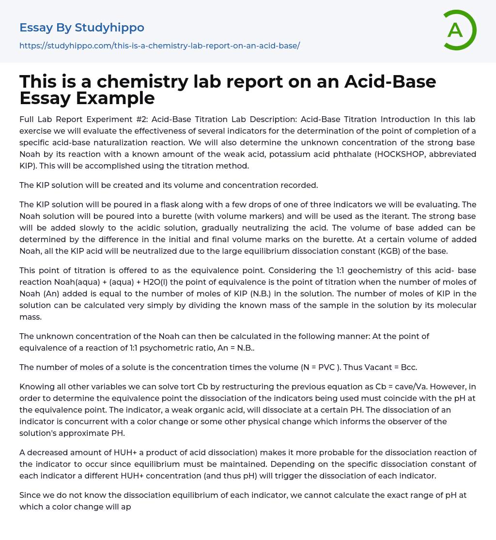 This is a chemistry lab report on an Acid-Base Essay Example