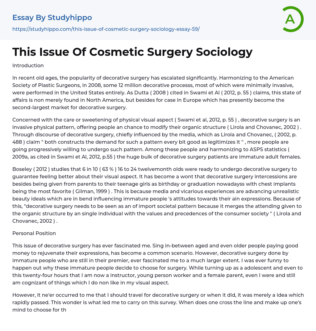 This Issue Of Cosmetic Surgery Sociology Essay Example