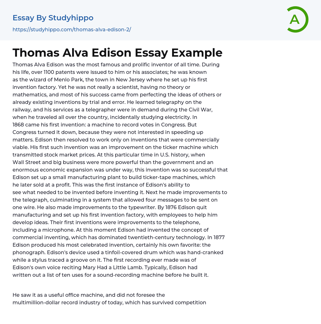 Thomas Alva Edison Essay Example