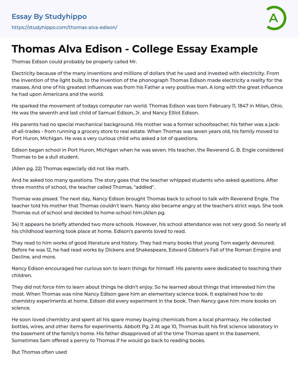 Thomas Alva Edison – College Essay Example