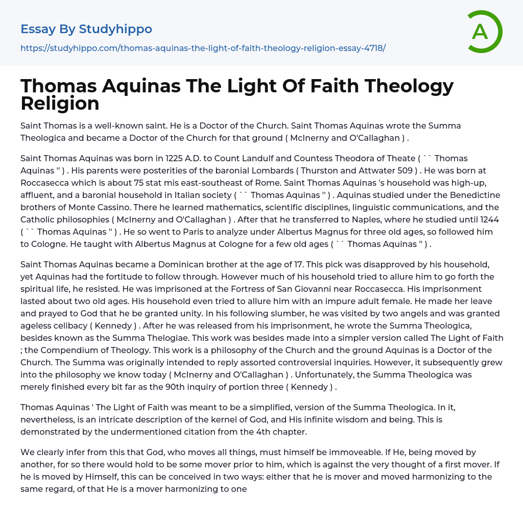 Thomas Aquinas The Light Of Faith Theology Religion Essay Example