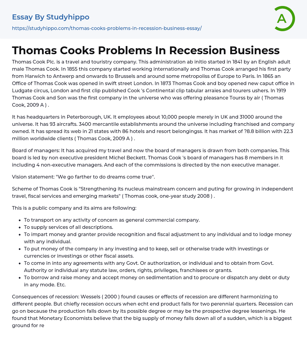 Thomas Cooks Problems In Recession Business Essay Example