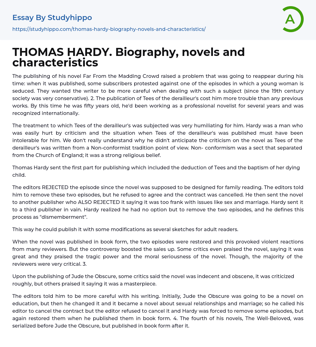 THOMAS HARDY. Biography, novels and characteristics Essay Example