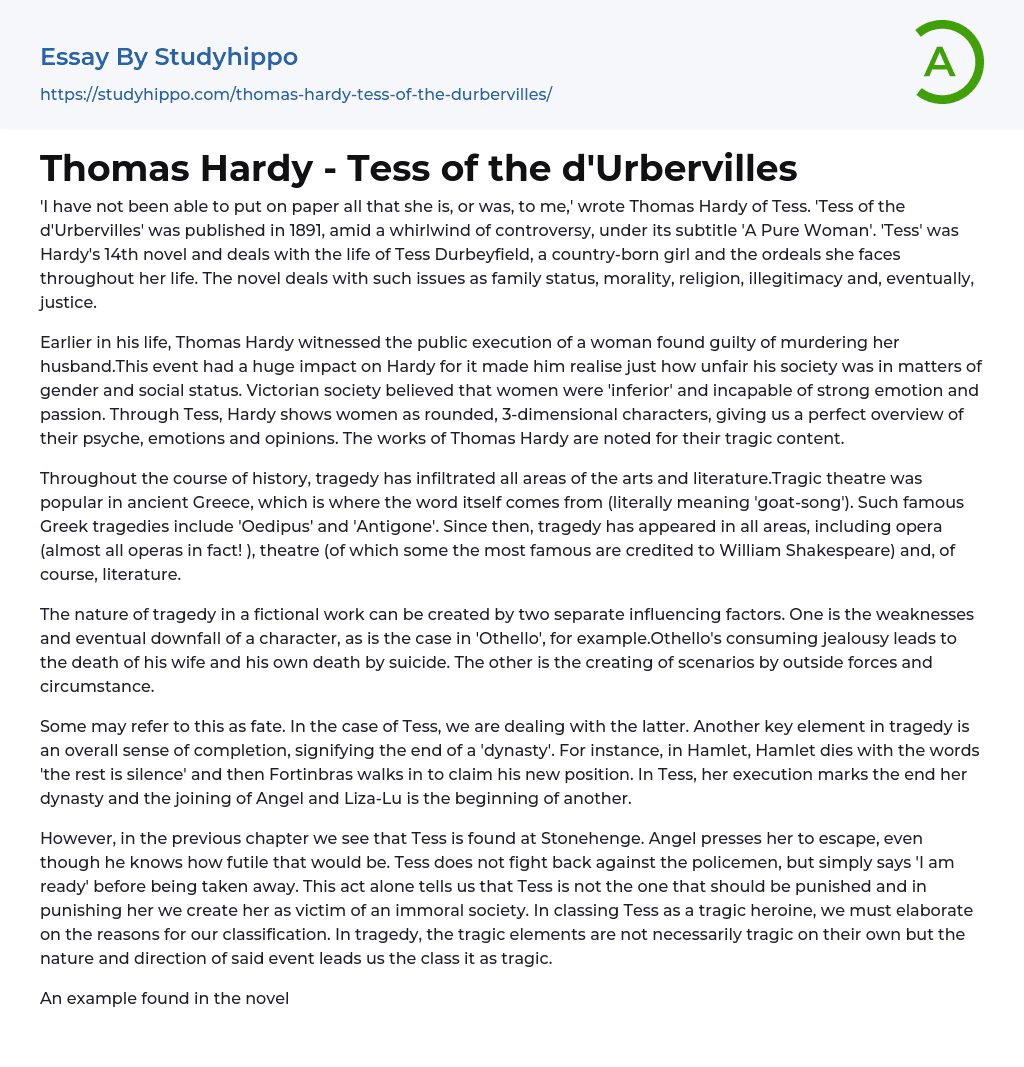 Thomas Hardy – Tess of the d’Urbervilles Essay Example