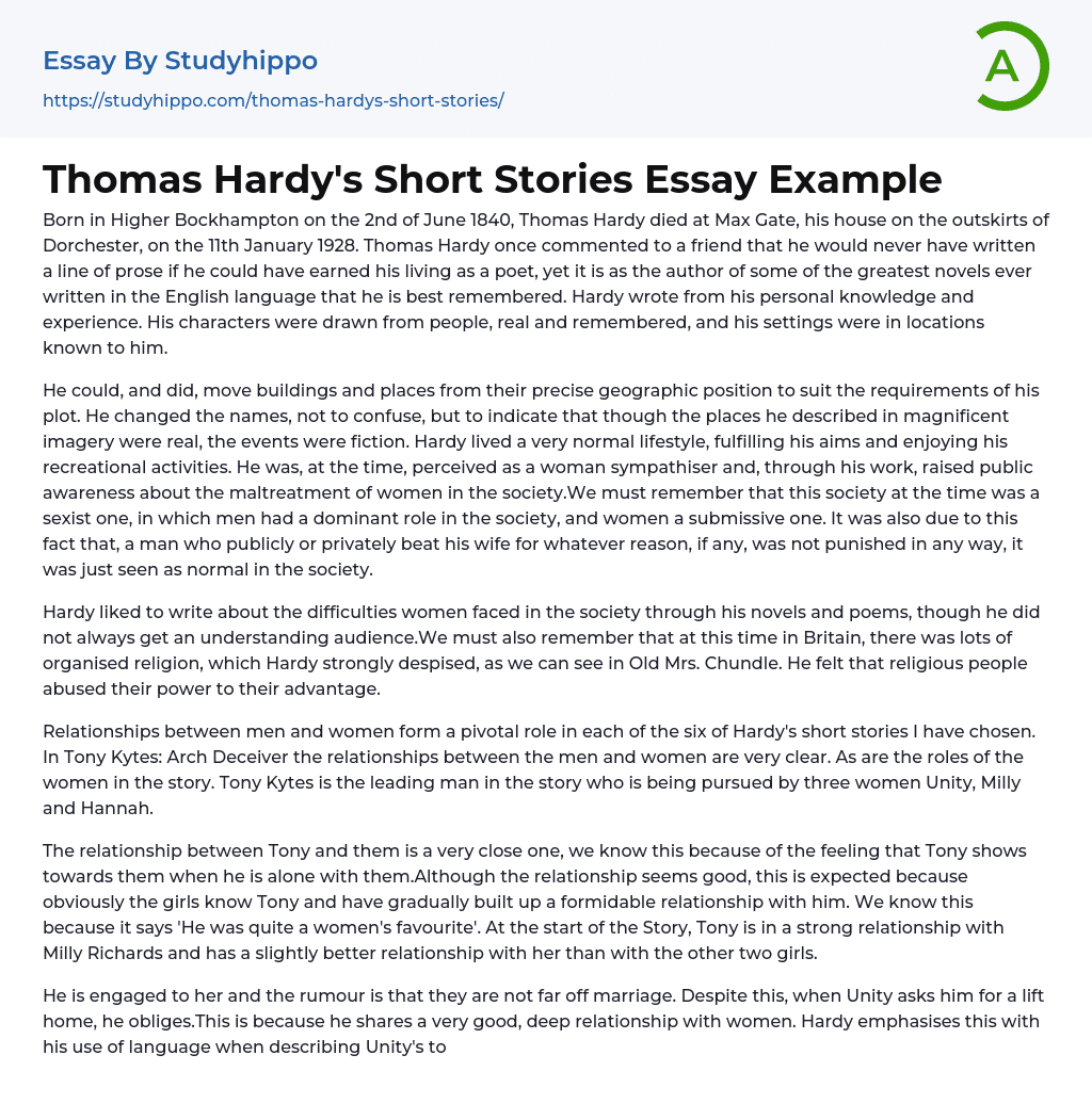 Thomas Hardy’s Short Stories Essay Example