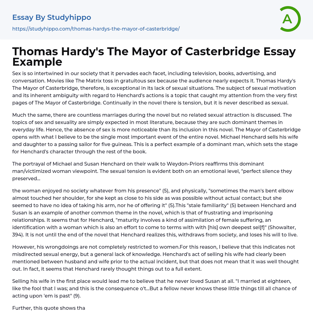 Thomas Hardy’s The Mayor of Casterbridge Essay Example