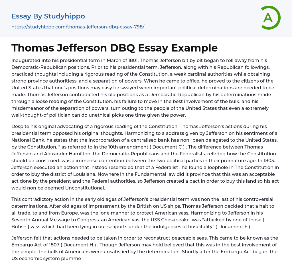 Thomas Jefferson DBQ Essay Example