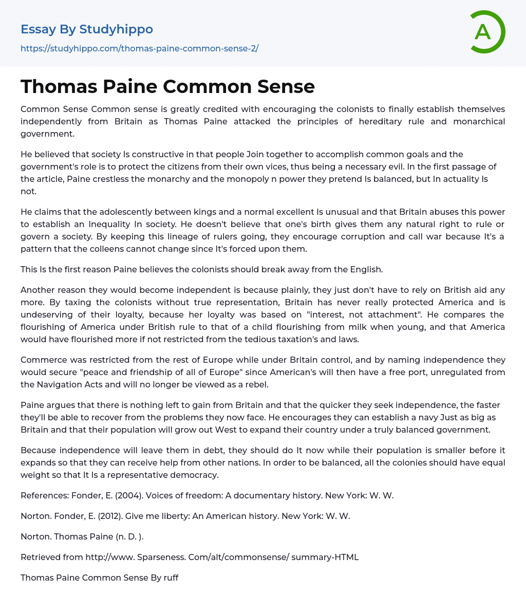 Thomas Paine Common Sense Essay Example