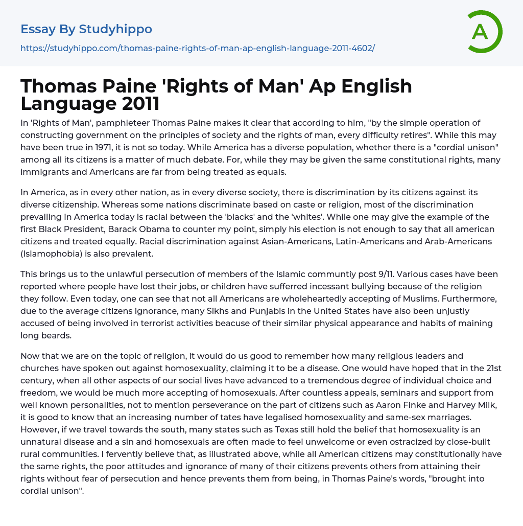 Thomas Paine ‘Rights of Man’ Ap English Language 2011 Essay Example