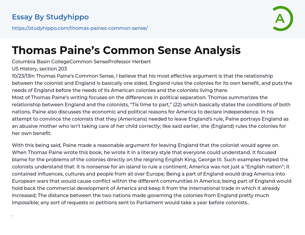 Thomas Paine’s Common Sense Analysis Essay Example