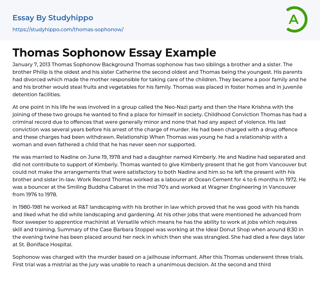 Thomas Sophonow Dossier On Essay Example