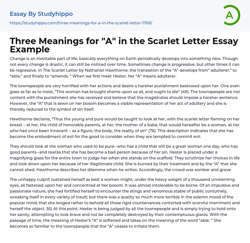 Three Meanings for “A” in the Scarlet Letter Essay Example