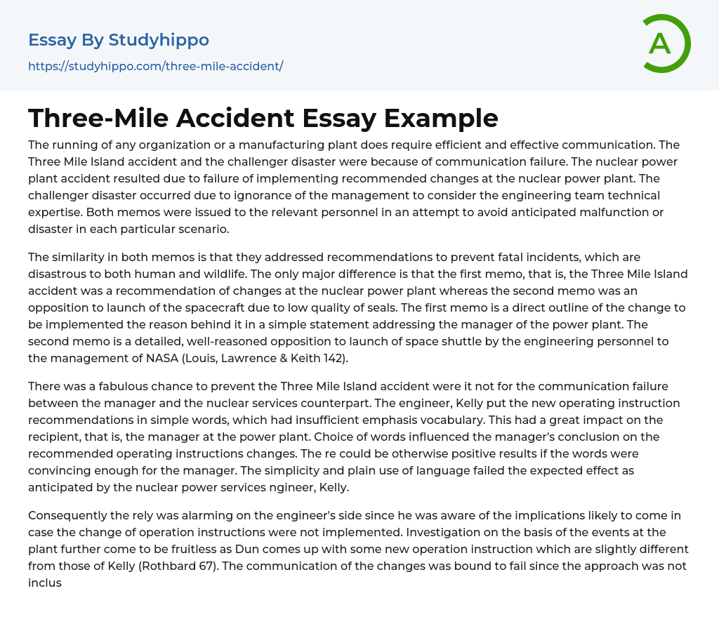 Three-Mile Accident Essay Example