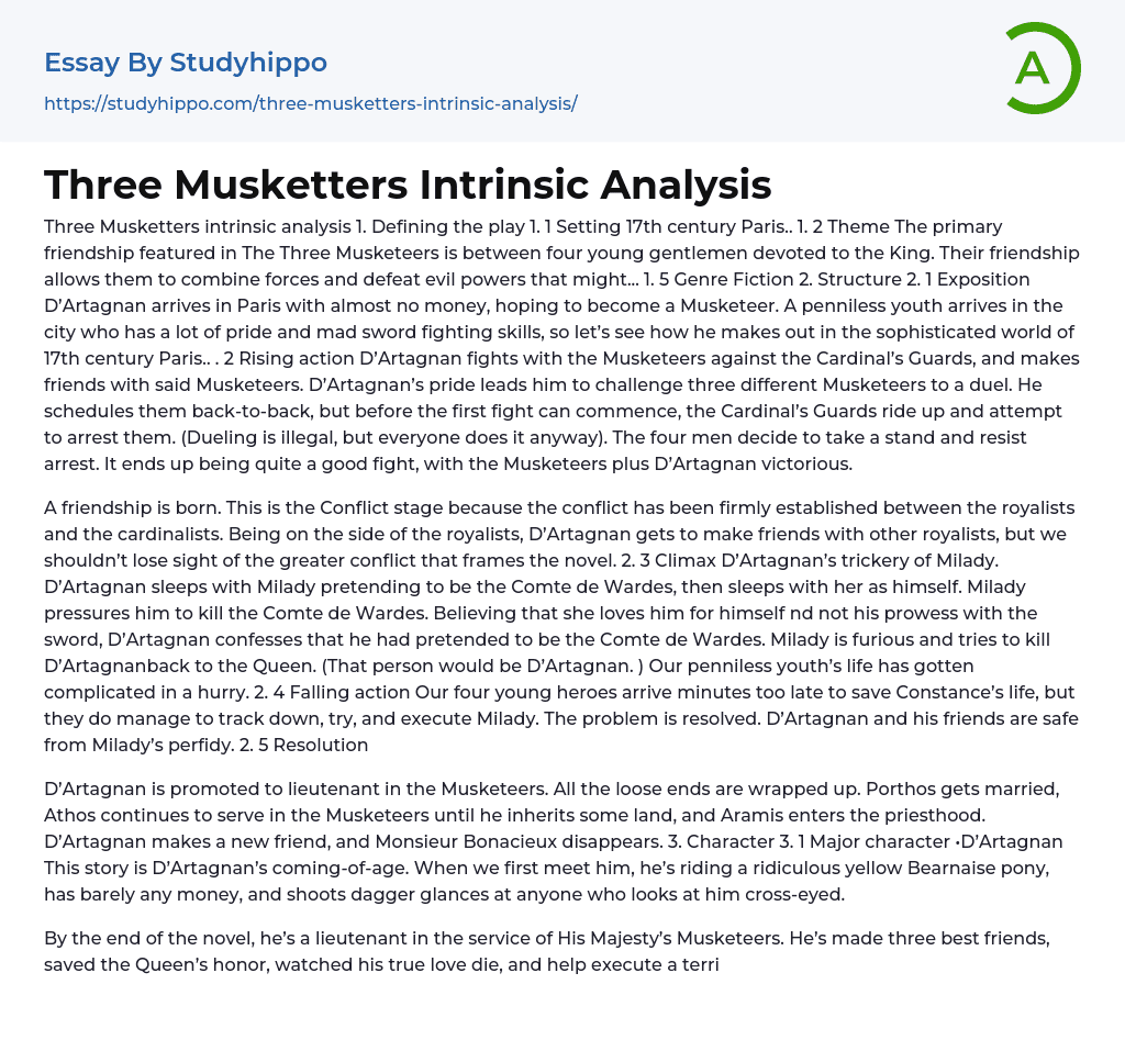 Three Musketters Intrinsic Analysis Essay Example