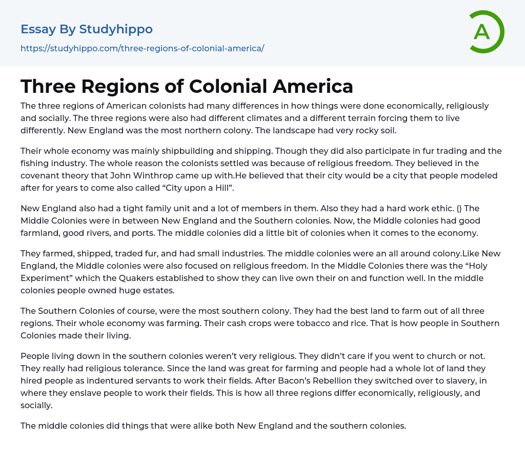 Three Regions of Colonial America Essay Example