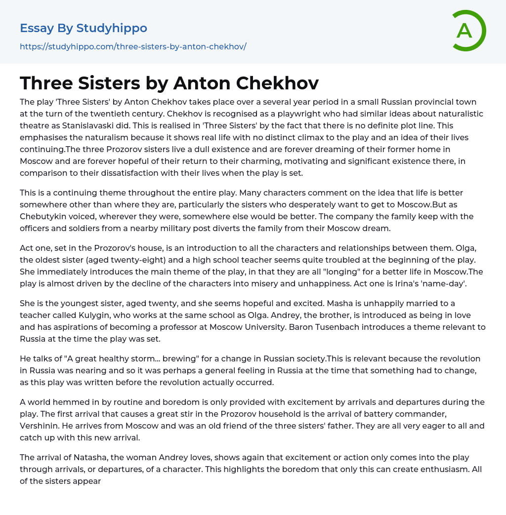 Three Sisters by Anton Chekhov Essay Example