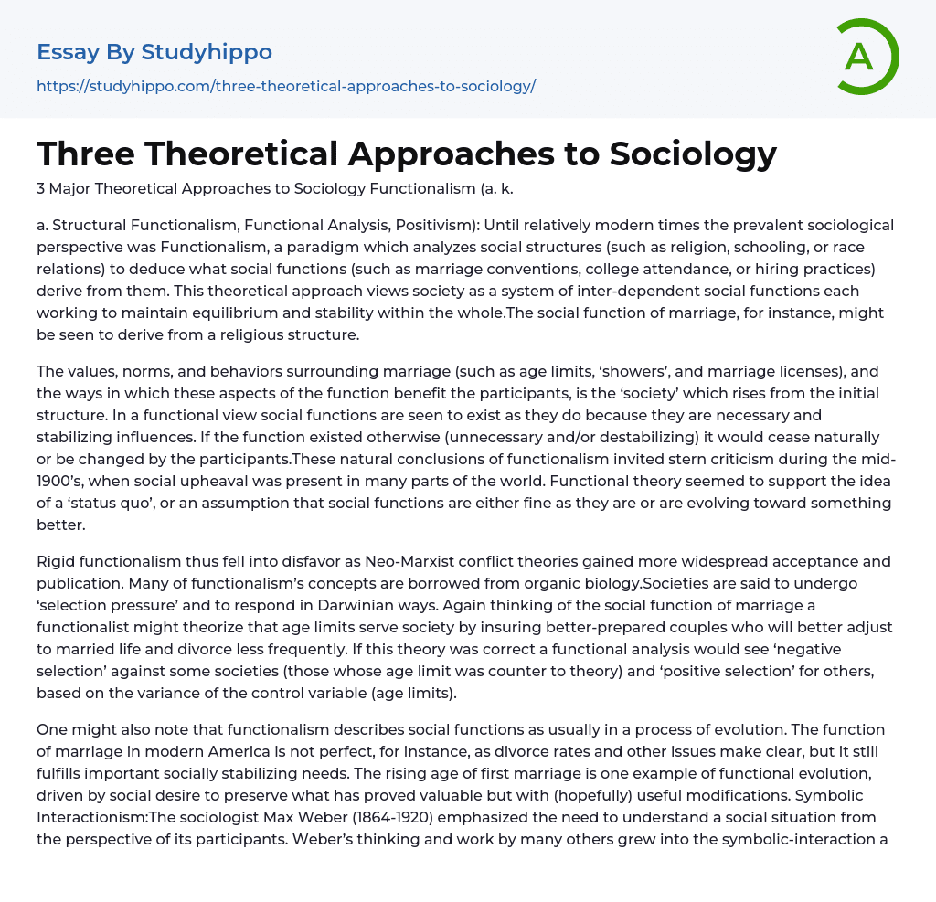 Three Theoretical Approaches to Sociology Essay Example