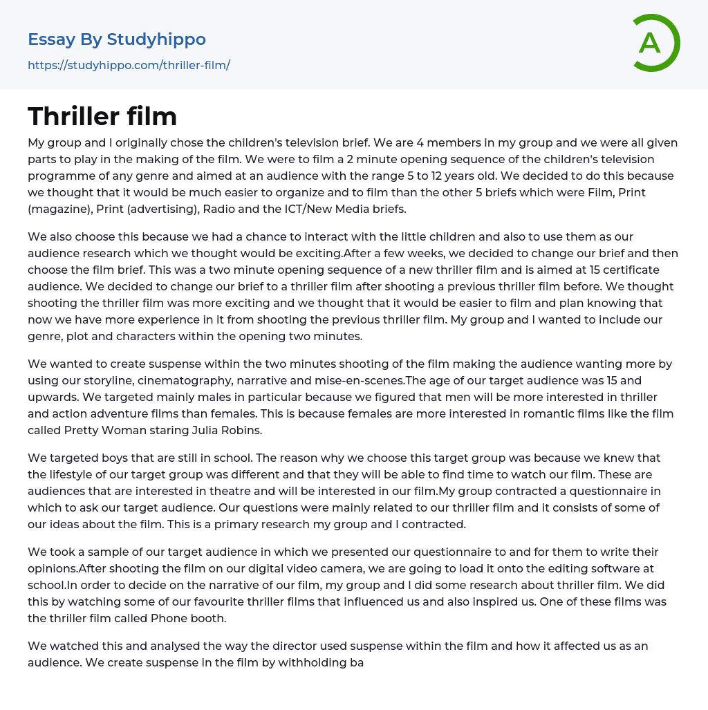 Thriller film Essay Example