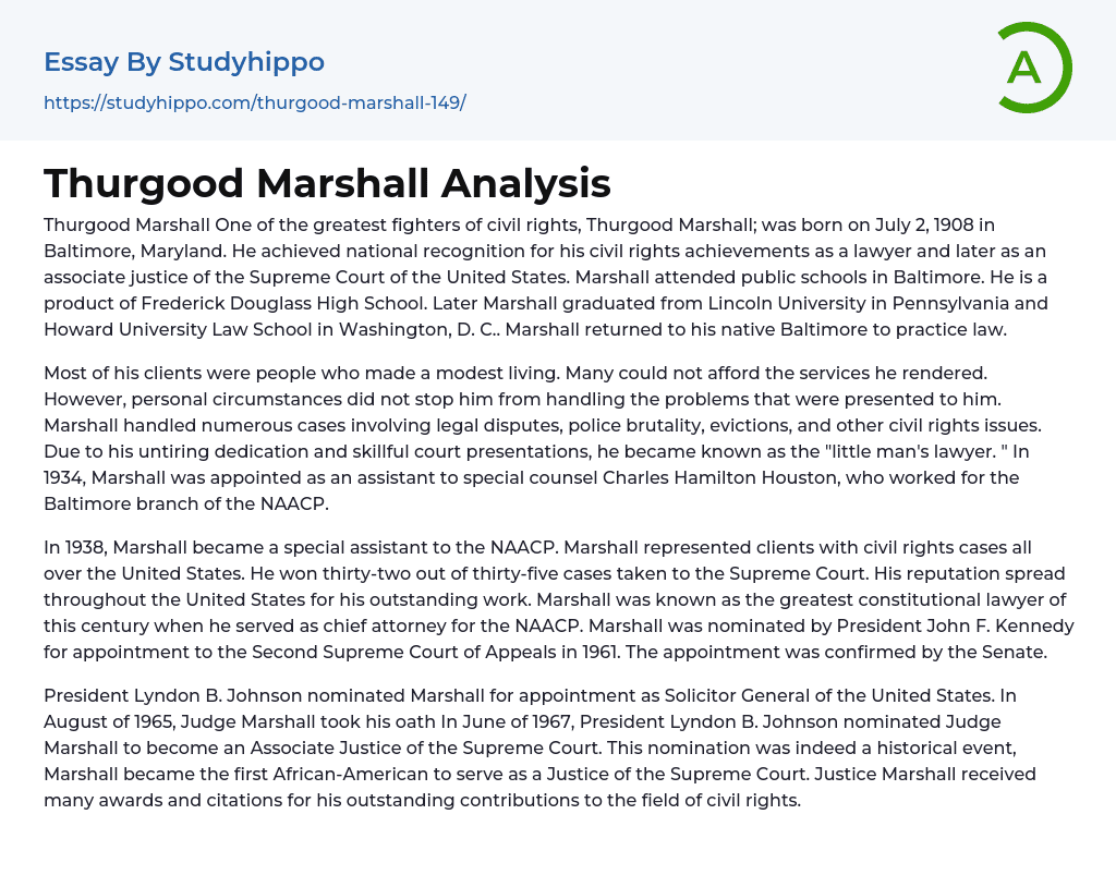 Thurgood Marshall Analysis Essay Example