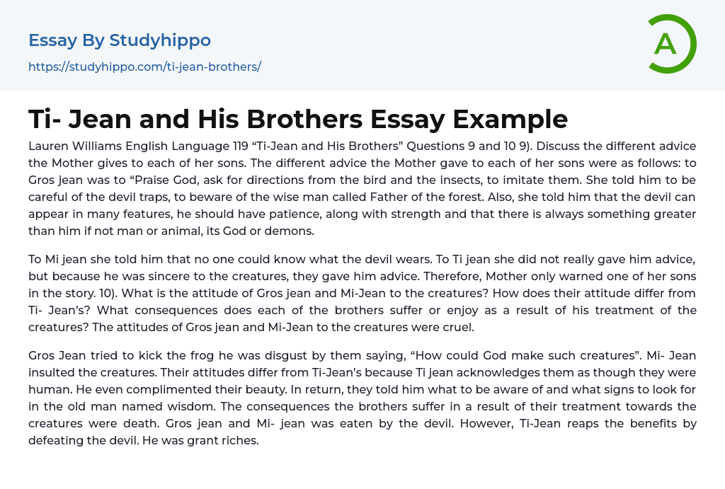 “Ti- Jean and His Brothers” Analysis Essay Example