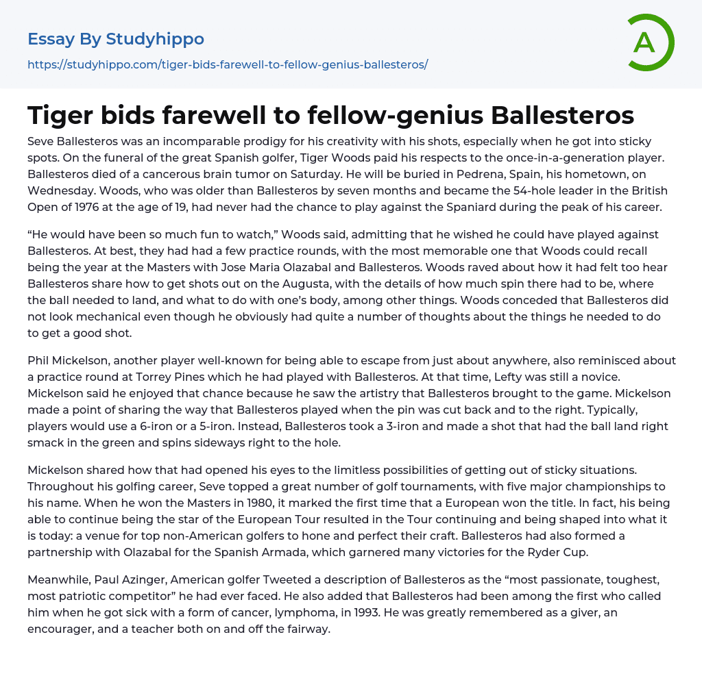Tiger bids farewell to fellow-genius Ballesteros Essay Example
