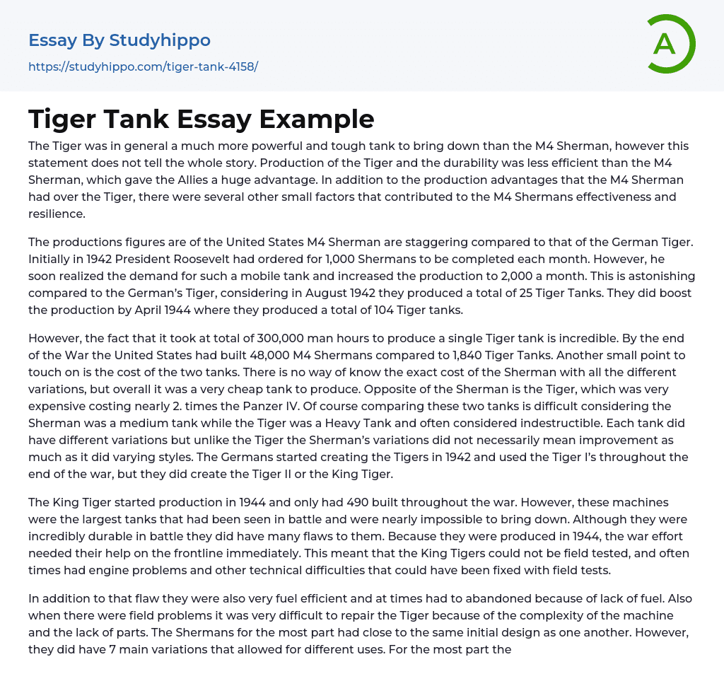 Tiger Tank Essay Example
