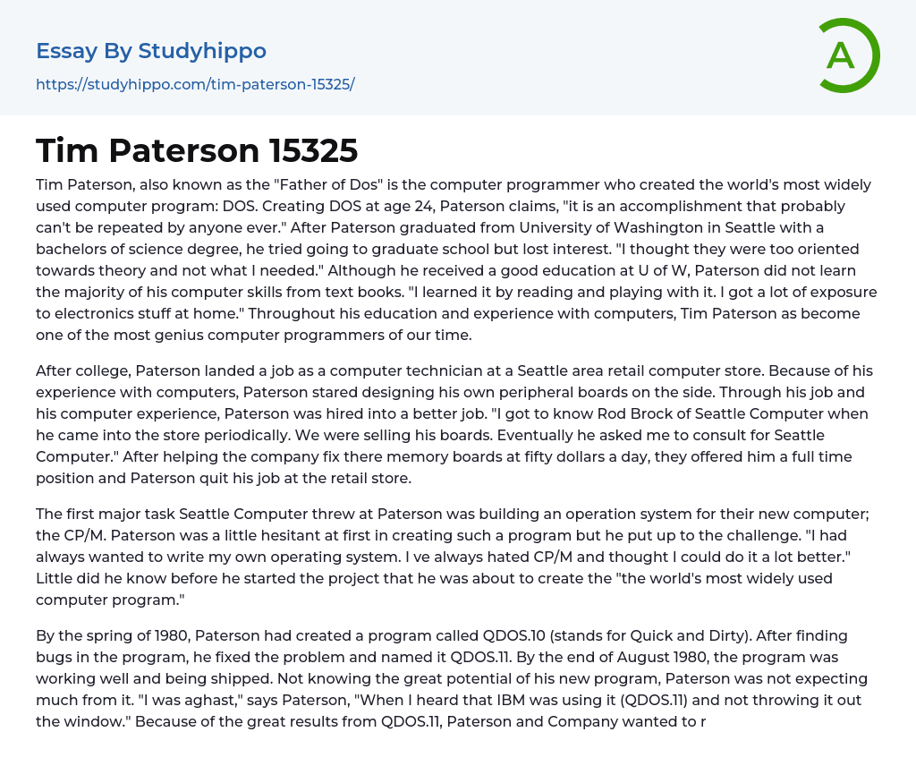 Tim Paterson 15325 Essay Example