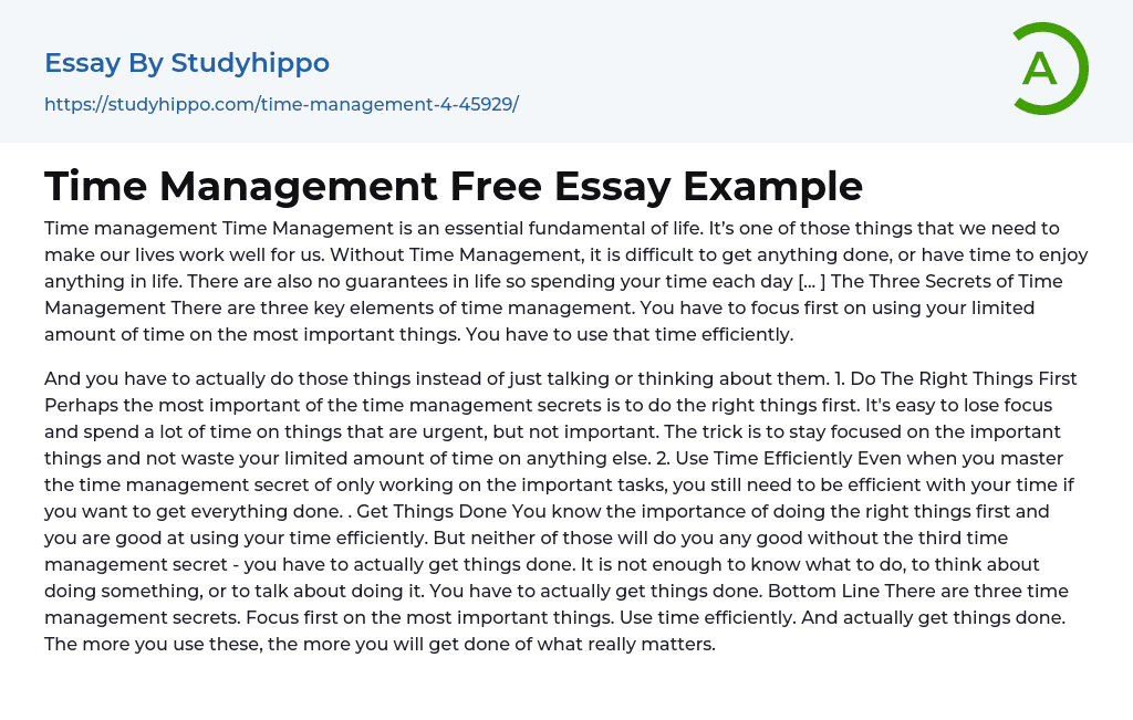 Time Management Free Essay Example