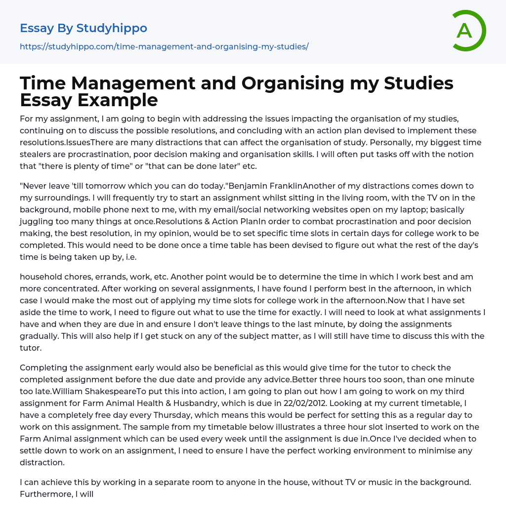 Time Management and Organising my Studies Essay Example