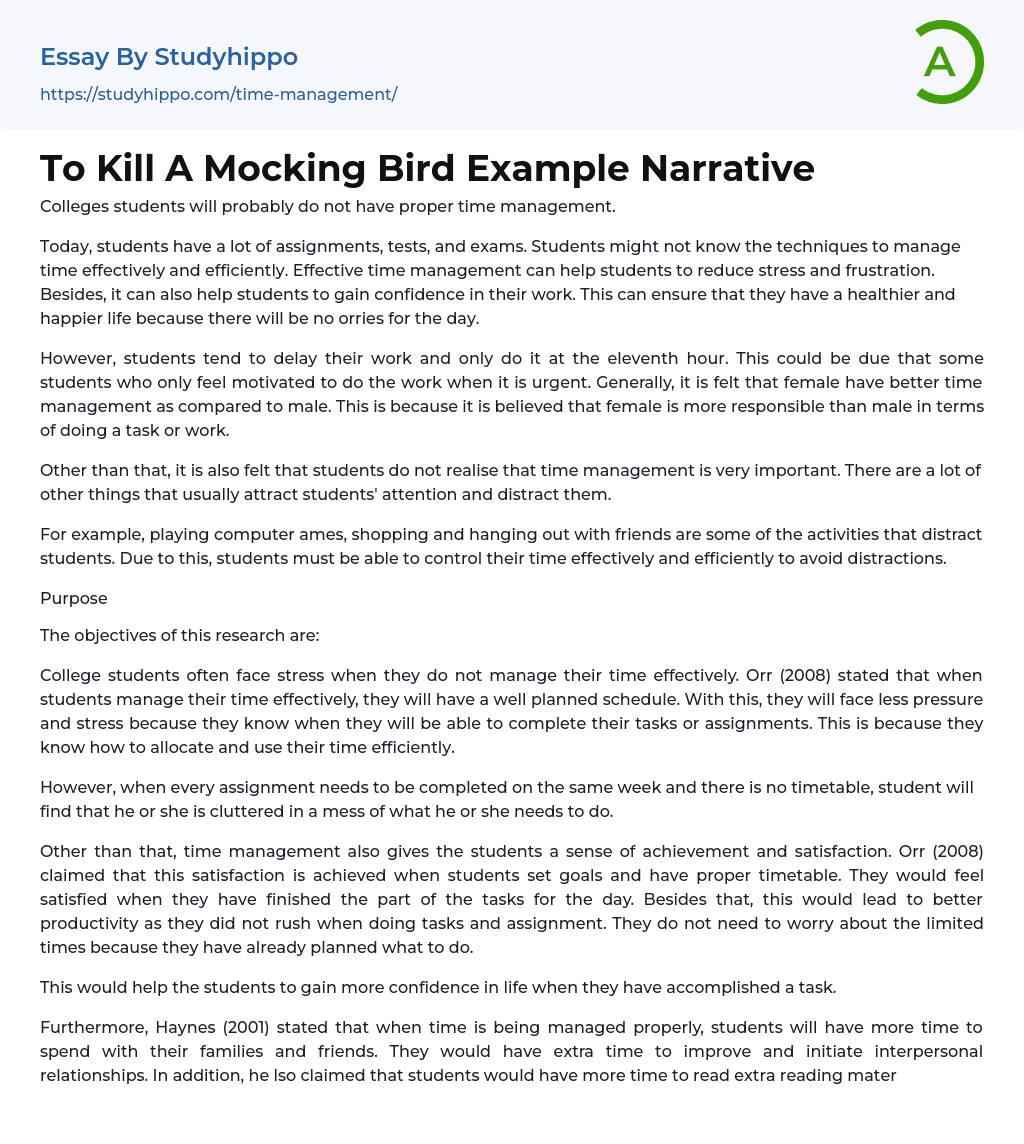 To Kill A Mocking Bird Example Narrative Essay Example