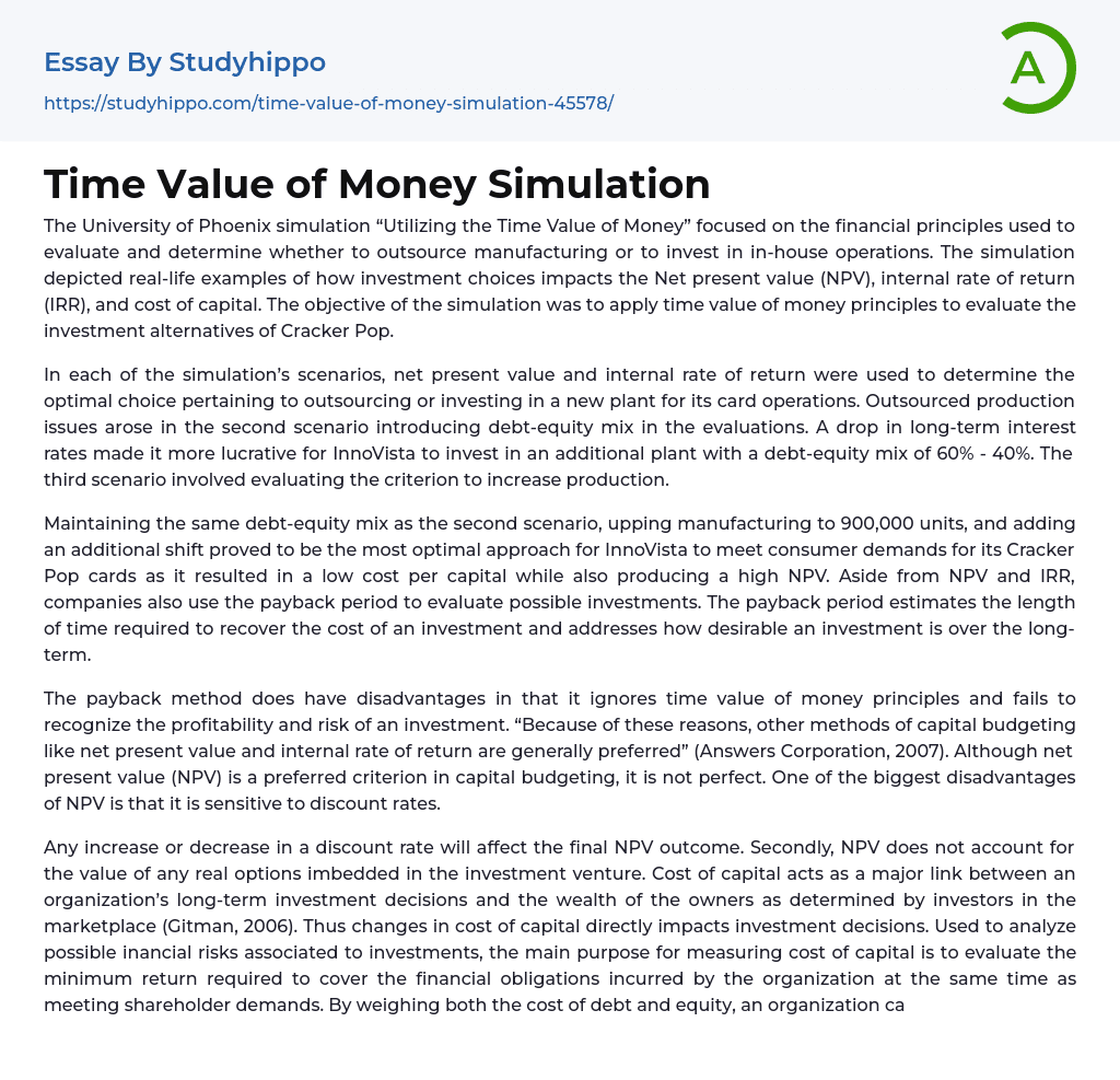 Time Value of Money Simulation Essay Example