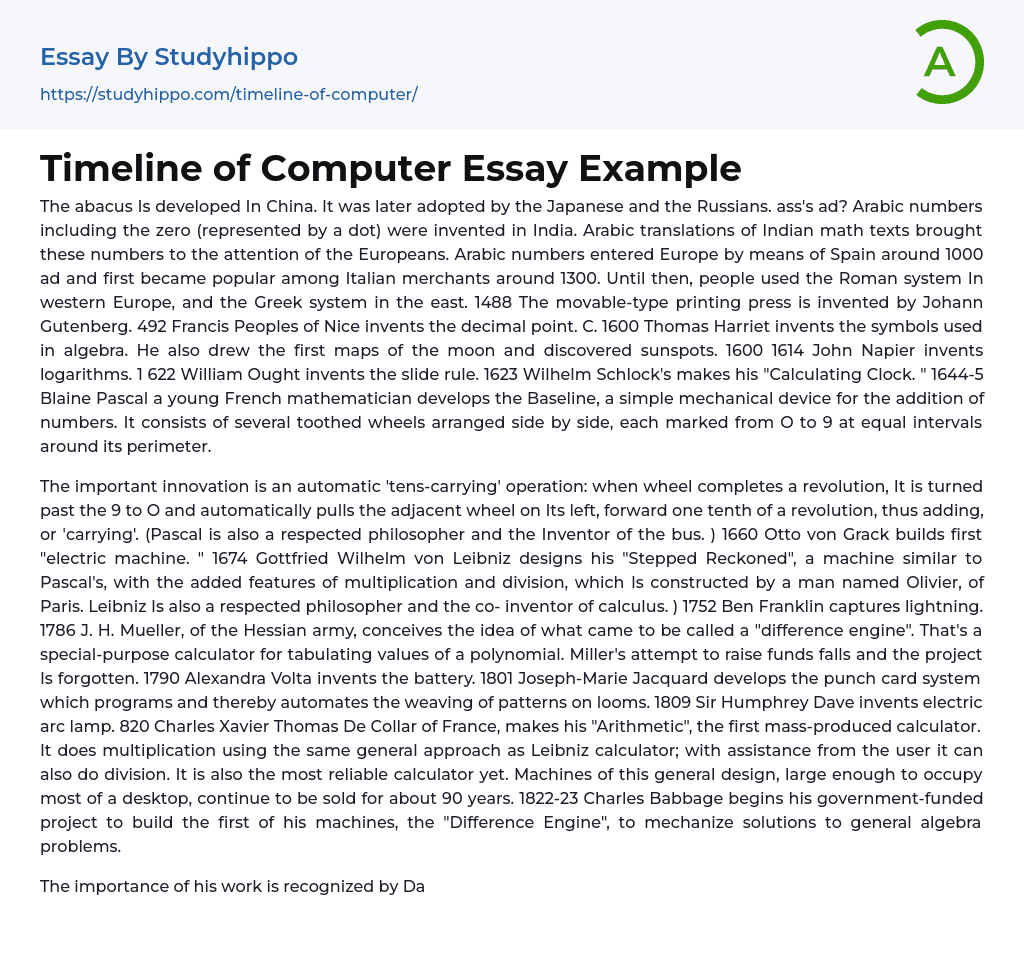 Timeline of Computer Essay Example