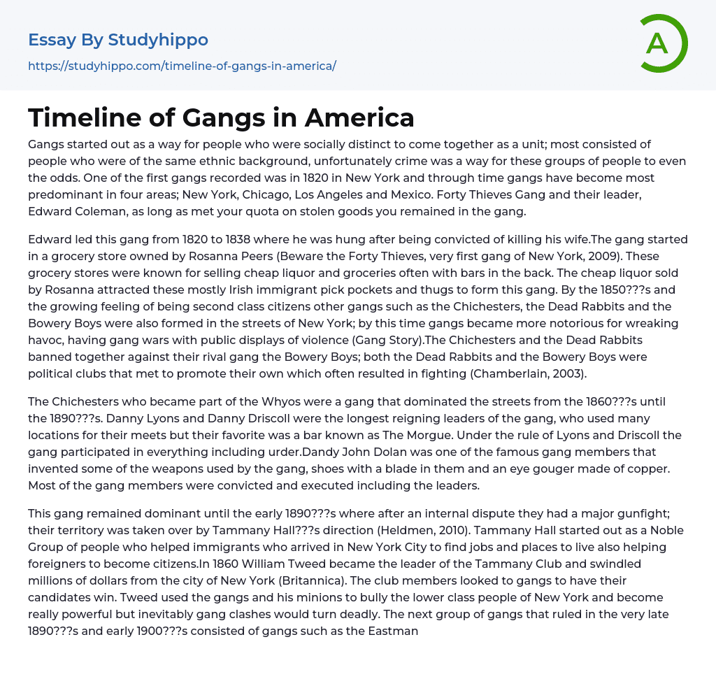 Timeline of Gangs in America Essay Example