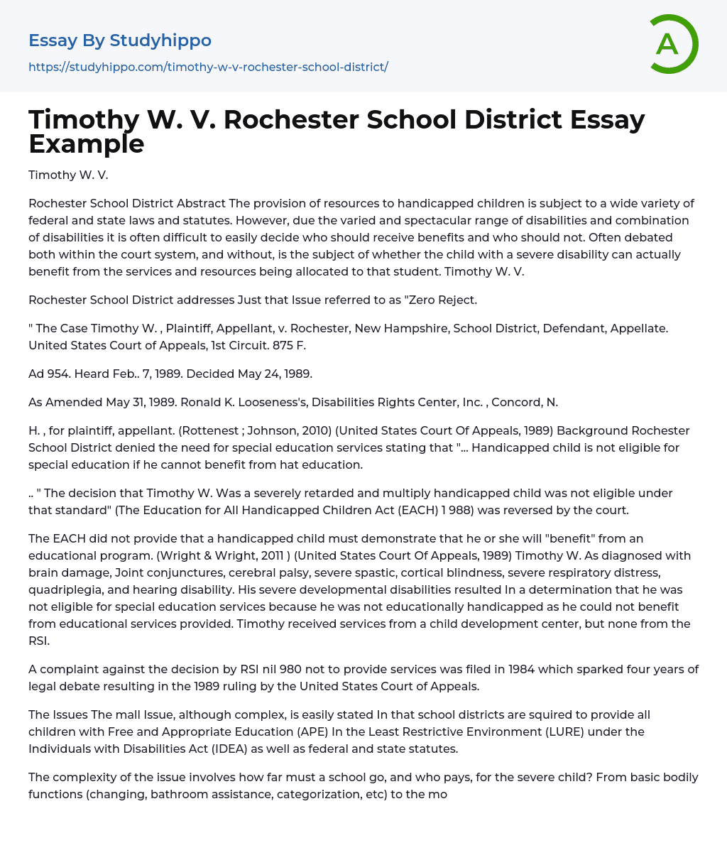 Timothy W. V. Rochester School District Essay Example