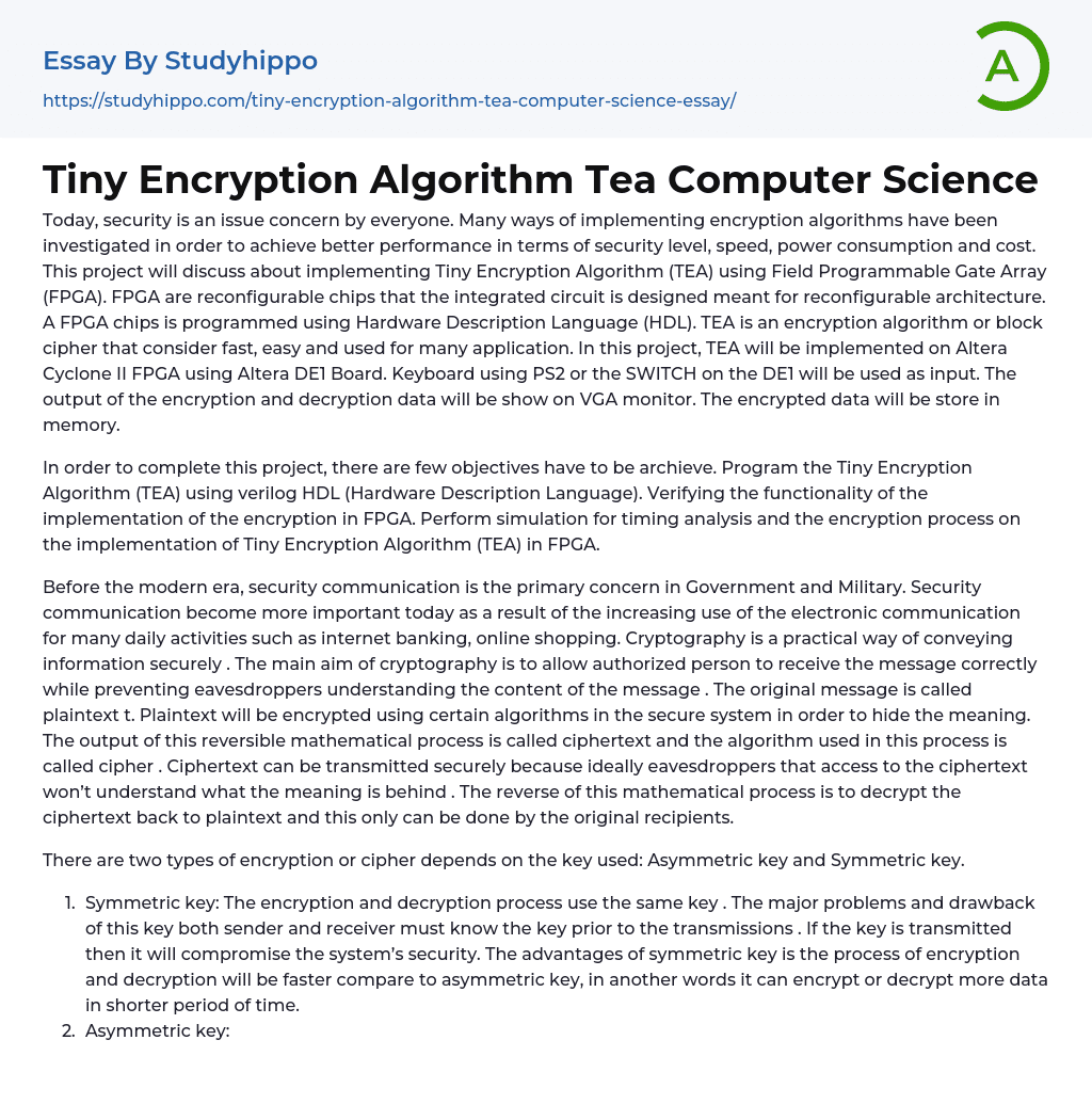 Tiny Encryption Algorithm Tea Computer Science Essay Example