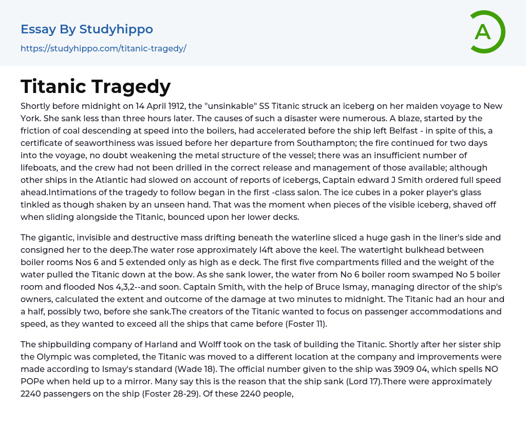Titanic Tragedy Essay Example