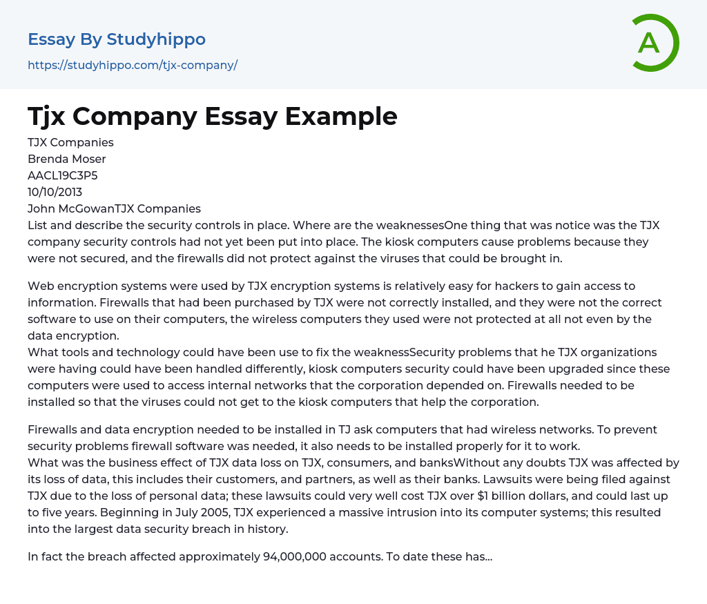 Breaking Into Tjx Company Essay Example