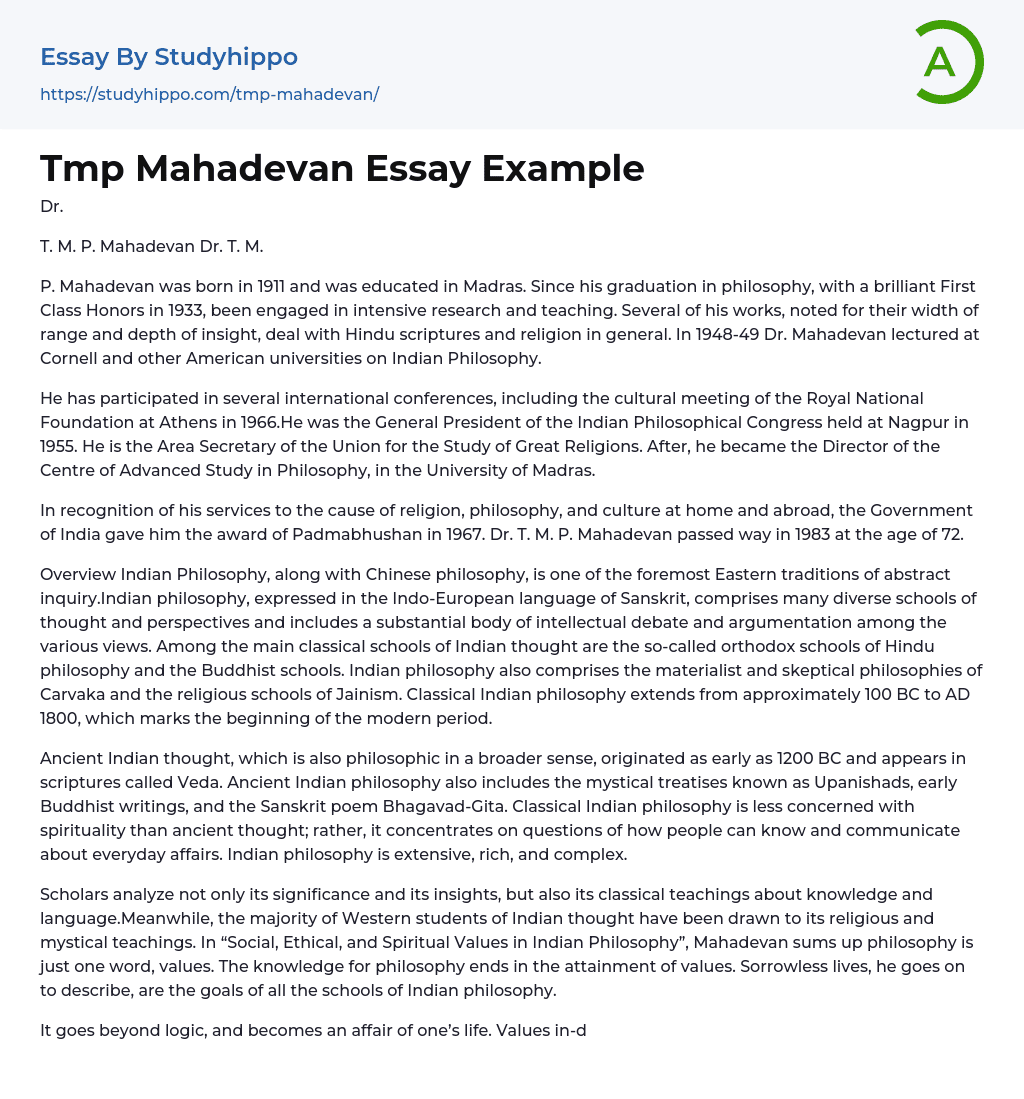 Tmp Mahadevan Essay Example