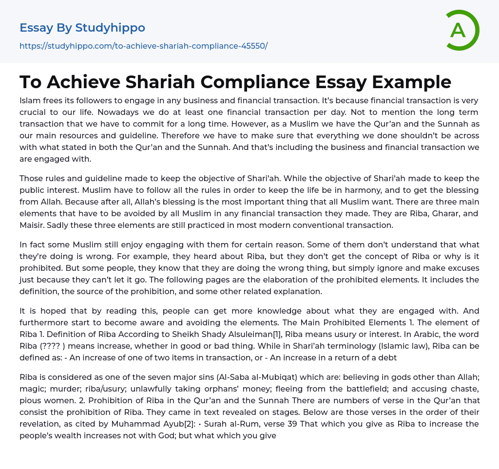 To Achieve Shariah Compliance Essay Example