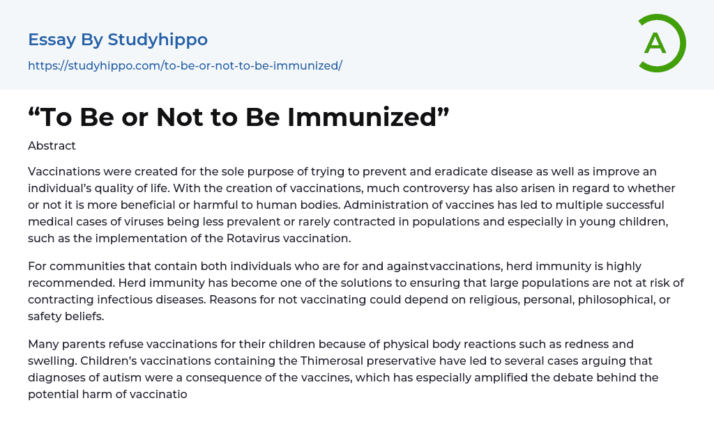 “To Be or Not to Be Immunized” Essay Example