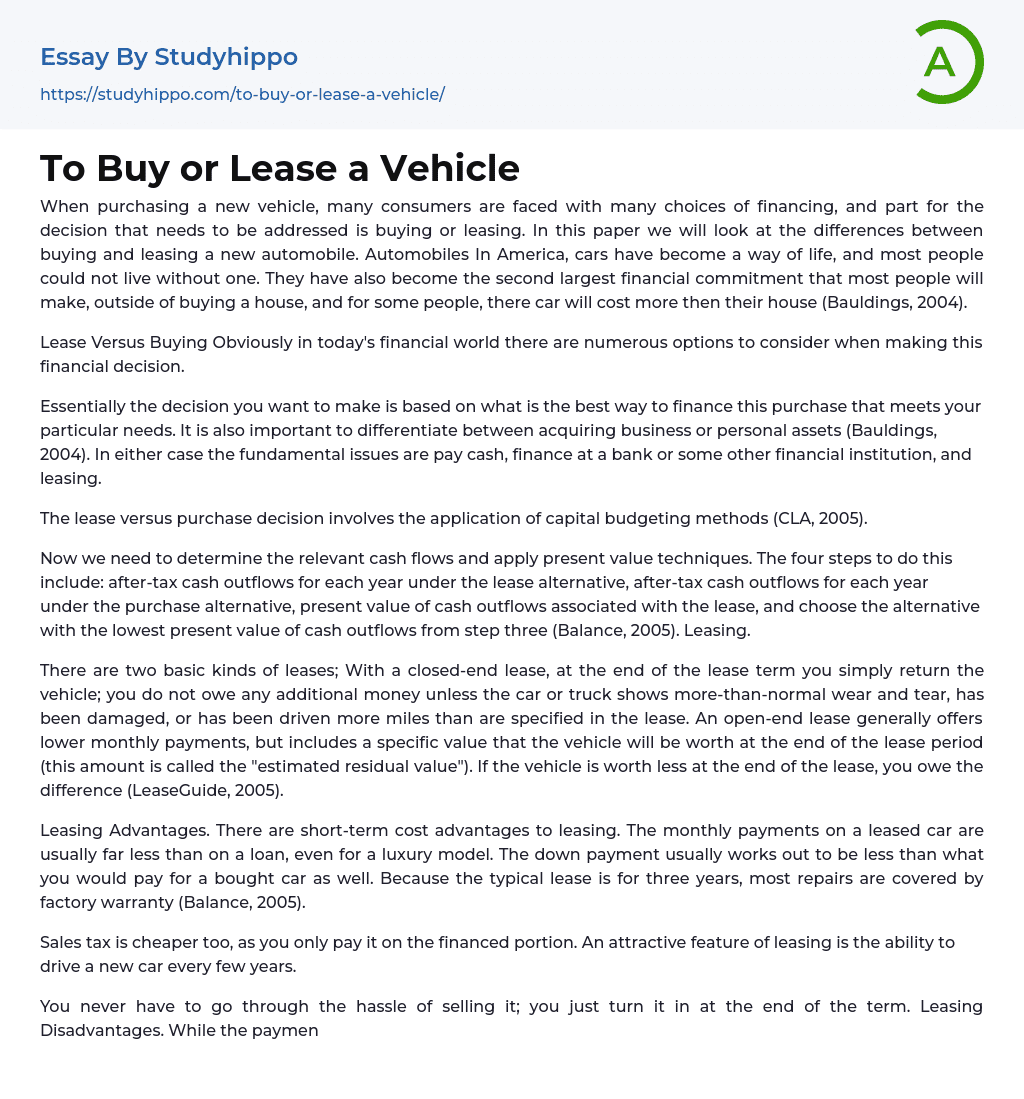 To Buy or Lease a Vehicle Essay Example