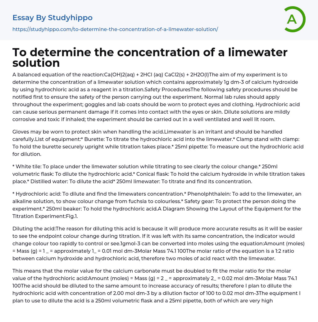 To determine the concentration of a limewater solution Essay Example