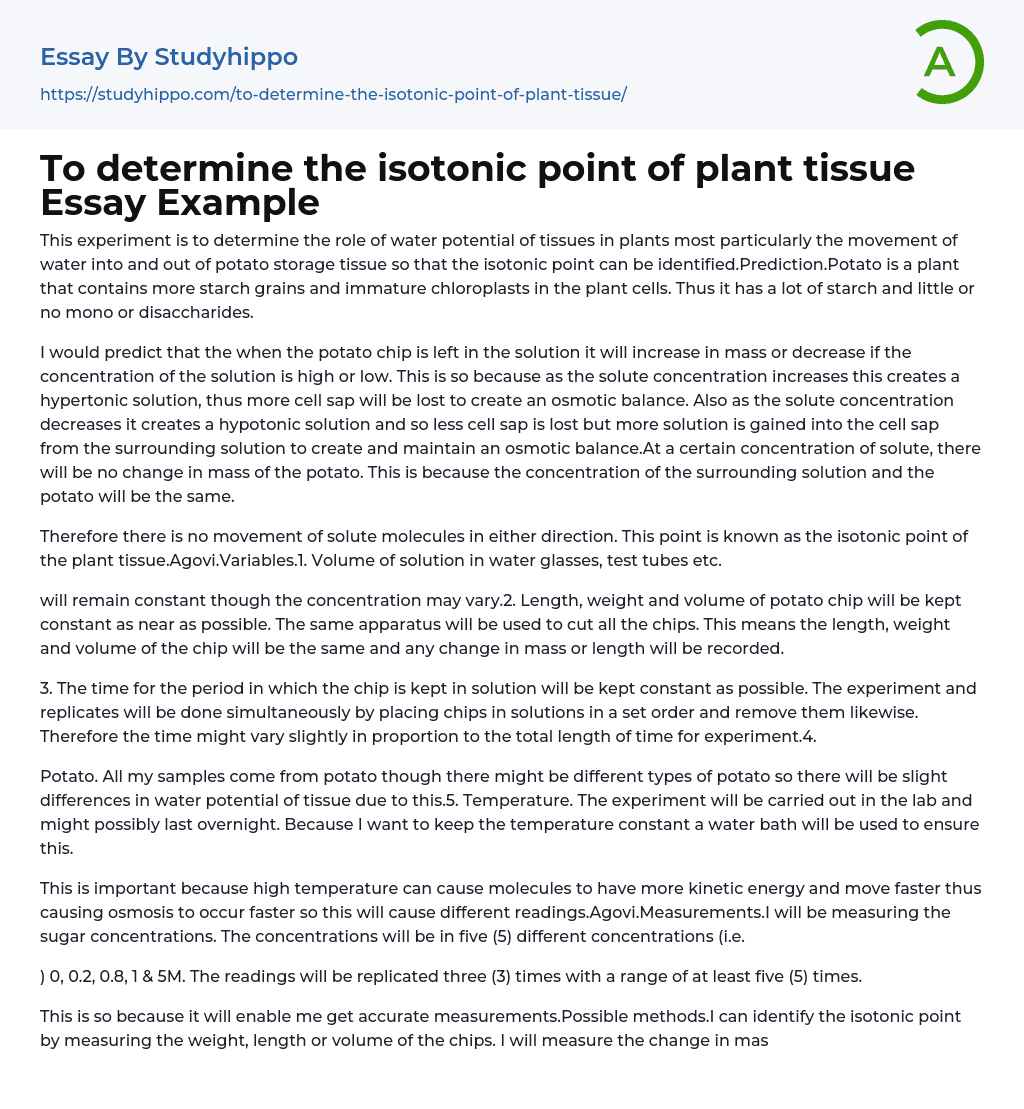 To determine the isotonic point of plant tissue Essay Example